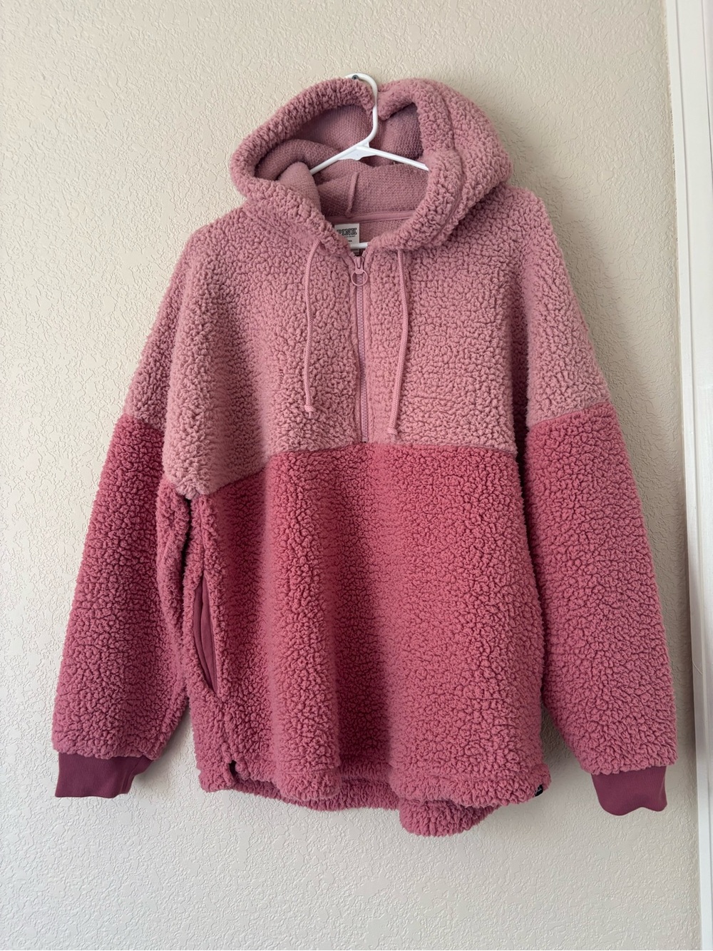 PINK Victoria's Secret Sherpa Fleece half zip Colorblock Logo Hoodie Women's M